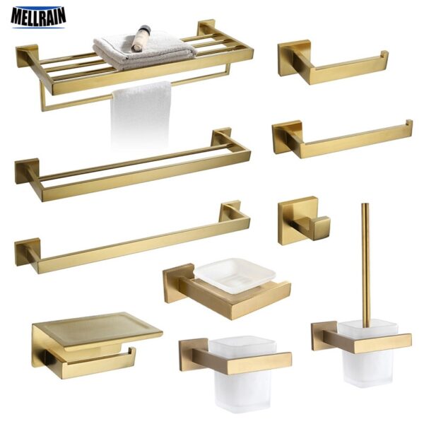 Gold Brushed Bathroom Accessories Hardware Set Towel Bar Rail Toilet Paper Holder Towel Rack Hook Soap Dish Toilet Brush